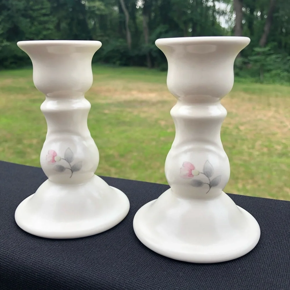 Pfaltzgraff Tea Rose 5” Candlesticks Candleholders - Pink & Blue Flowers